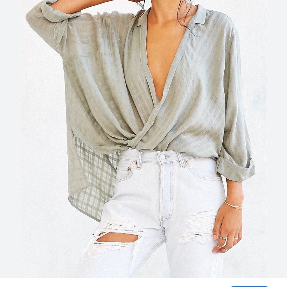 Silence and Noise Urban Outfitters Green Windowpane Surplice Tunic Top